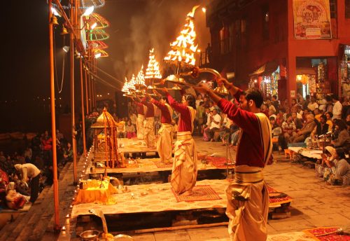 Priests performing the evening Ganga Aarti at Dashashwamedh Ghat