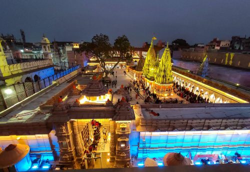 Kashi Vishwanath Temple and its corridor lit up at night, Varanasi