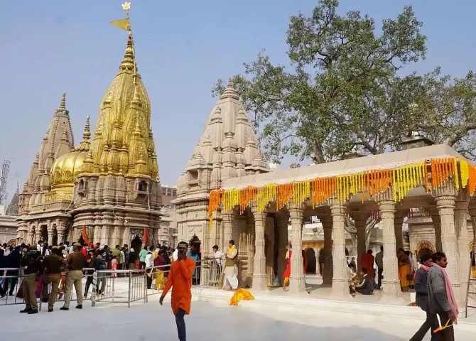 The golden spires and courtyard of Kashi Vishwanath Temple in Varanasi