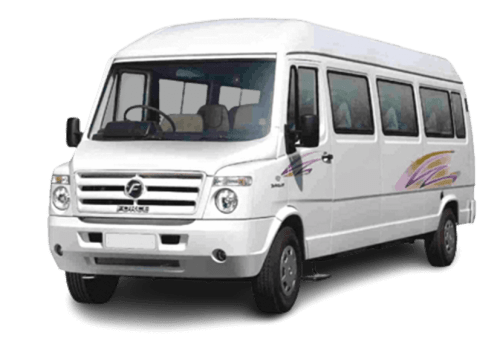A white Tempo Traveller used for group tours in Varanasi