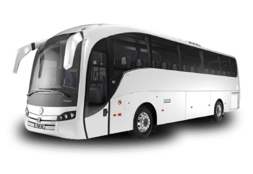 A Volvo bus used for group travel in Varanasi