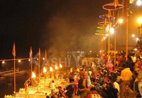 Lamps and priests at the evening Ganga Aarti in Varanasi