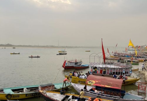 Boats moored on the Ganga at Tulsi Ghat