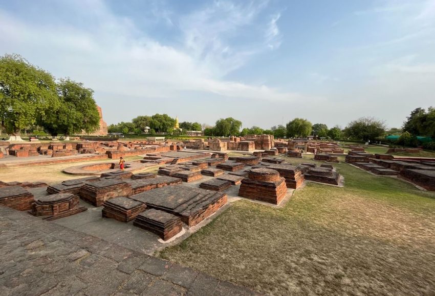 The brick ruins of the monastery complex at Sarnath