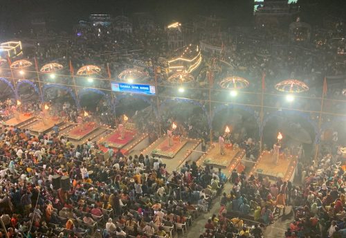 Crowds gathered for the evening Ganga Aarti seen from above