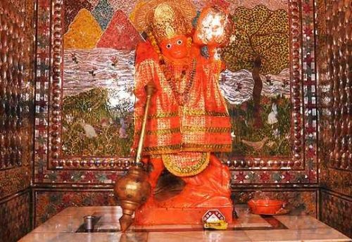 The orange Hanuman image at Sankat Mochan Temple