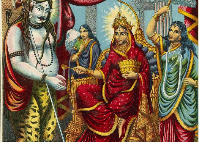 Traditional illustration of Annapurna Devi offering food to Shiva