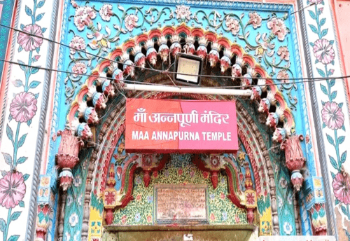 The decorated entrance arch of the Annapurna Temple in Varanasi