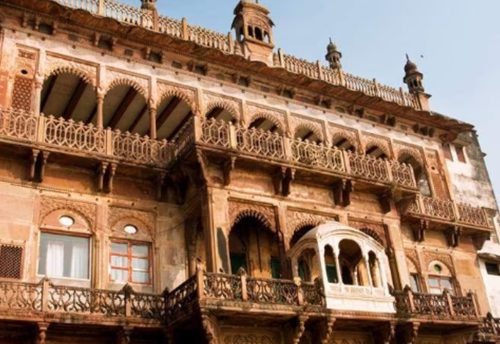 The carved sandstone balconies of Ramnagar Fort near Varanasi