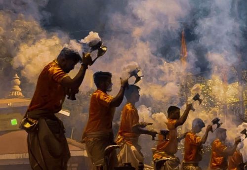 Morning aarti ceremony at Assi Ghat, Varanasi