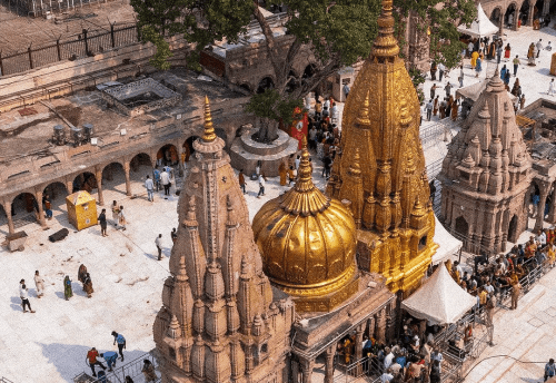 Aerial view of the Kashi Vishwanath Temple complex and its golden spires