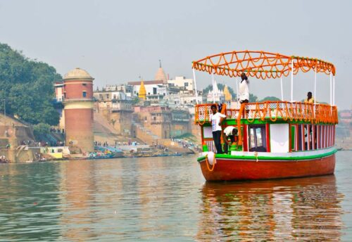 Decorated boat on the Ganga in Varanasi during Dev Diwali