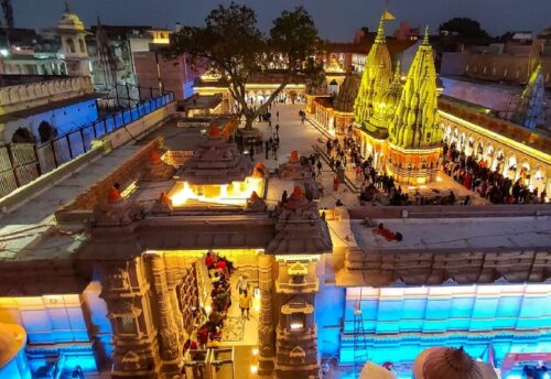 Kashi Vishwanath Temple and corridor illuminated after sunset