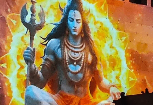 Lord Shiva projected in the light and sound show at Lalita Ghat during Dev Diwali
