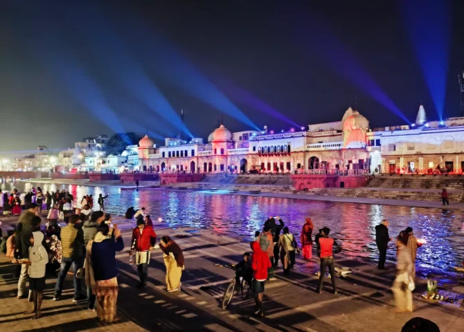 The ghats of Ram ki Paidi in Ayodhya lit up in the evening